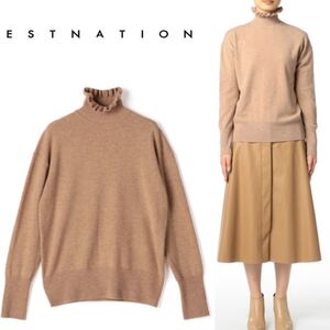 【美品】ESTNATION エストネーション 定価2万 ウール フリルネックプルオーバーニット 38/Mサイズ相当 ベージュ ハイネック レディース