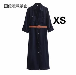 vintage ヴィンテージ レトロ ベルト付き ロング シャツワンピース XSサイズ レディース★ZARA 好きな方に★2024 S/S 春新作 新品未使用★