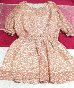 赤花柄長袖ネグリジェチュニックワンピース Red flower pattern negligee long sleeve tunic dress