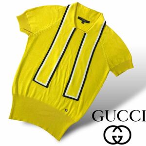 n207 GUCCI 2007 グッチ ニット ポロシャツ 半袖 トップス イエロー XS イタリア製 正規品 レディース ボウタイ リボン サマーニット 良品