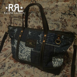 【激渋】 RRL Leather Trim Patchwork Denim Tote Bag レザー トリム パッチワーク デニム トートバッグ 鞄 牛革 Ralph Lauren ペイズリー