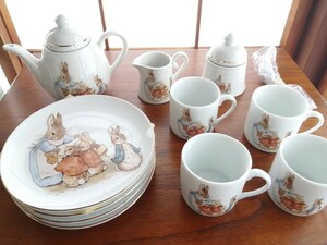 未使用 ピーターラビット ロイターポーセリン Peter Rabbit ピクニックセット ティーポット 陶器 レトロ雑貨 ラタンバスケット マグカップ