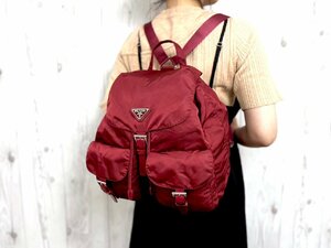 極美品 PRADA プラダ テスート ナイロンリュック リュックサック バッグ ナイロン×レザー ワインレッド 72086