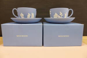 ★共箱・未使用保管品★　ウェッジウッド ジャスパー WEDGWOOD ターコイズ ティーカップ　ソーサー 2客セット　陶器