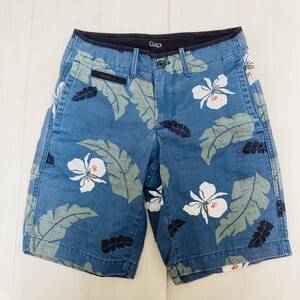 YH0082 GAP ギャップ ショートパンツ ハーフパンツ 薄手 ポケット カジュアル 28 青 ハイビスカス コットン100％ ボヘミアンビーチスタイル