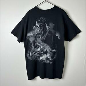 古着 ギルダン Tシャツ ドクロ スカル 海賊 バックプリント ブラック L