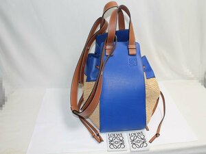 中古 LOEWE ハンモック ドローストリング 330.33.V06 レザー ラフィア ブルー ブラウン ナチュラル ショルダー ハンド バッグ 女性用 USED