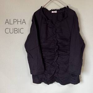 ◎アルファキュービック ALPHA CUBIC 七分袖カットソー ギャザーカットソー カットソー 黒色 レディース ＬＬサイズ 綿100％ シンプル