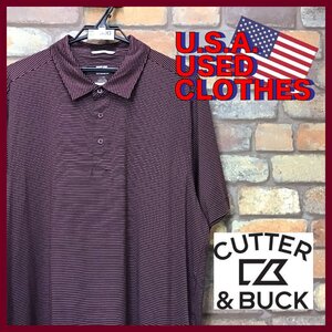 ME12-900★USA限定★状態良好【CUTTER&BUCK】細ボーダー 袖刺繍 ストレッチ 半袖 ポロシャツ【メンズ L】ワインレッド ゴルフ アメカジ