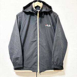 ビンテージ感◎【FILA】フィラ ウィンドブレーカー ダークグレー 裏起毛 ロゴ ジャンパー フード スポーツ メンズ サイズM/Y20537SS