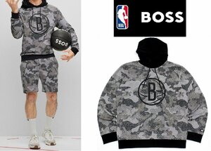 4万新品◆S◆ボス BOSS×NBAコラボ BROOKLYN NETS カモフラージュプリントフーディースウェットプルオーバー灰黒系『W_Camo_NBA』1円