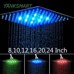 YANKSMART 8/10/12/16/24分の20インチインチ浴室のシャワーヘッド高級クロームブラスLEDスクエア降雨壁天井マウント