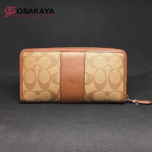 中古 COACH ラウンドジップ長財布 PVC ブラウン ゴールド金具 ラウンドファスナー開閉式 コーチ ユニセックス ウォレット シンプル