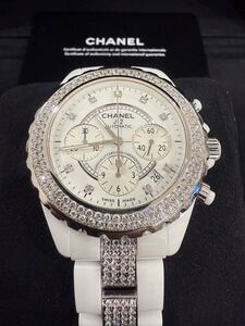 新春超豪華　CHANEL J12 H2009 41ミリクロノ　自動巻　CHANEL フル天然ダイヤ　メンズ腕時計　純正ダイヤインデックス　 シャネル