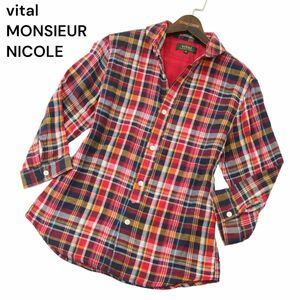 vital MONSIEUR NICOLE ムッシュ ニコル 春夏 ダブルガーゼ★ 7分袖 丸襟 チェック シャツ Sz.46　メンズ　A4T03053_3#A