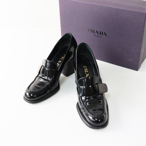 プラダ PRADA SPAZZOLATO ガラスレザー チャンキーヒール パンプス 36(約23cm)/ブラック 黒 ハイヒールローファー【2400014113433】