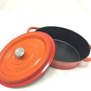 ‡ 0156 Good Plus グッドプラス CASTPOT OVAL キャストポット オーバル 26cm オレンジ 両手鍋 鉄鋳物ホーロー鍋 汚れ有り 中古