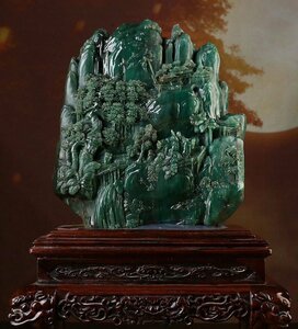 ■観心・時代旧蔵■C7764寿山石 翡翠緑 深山訪友 寿山石細密彫 擺件 置物 賞物