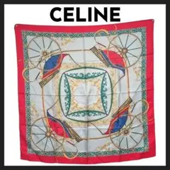 CELINE scarf large シルクスカーフ 馬車　レッド グレー