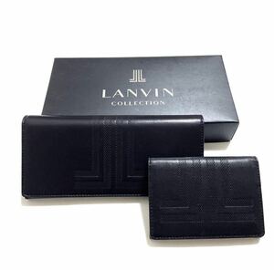 訳有 新品【 LANVIN collection 】ランバン 本革 長財布 カードケース 2点セット メンズ ロングウォレット 名刺入れ 定期入れ 黒 ブラック