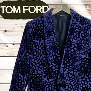 ☆幻の一品☆TOM FORD トムフォード テーラードジャケット ベロア 総柄 シルク混 46 ベルベット フローラル 花柄 パープル ネイビー 紺ブレ