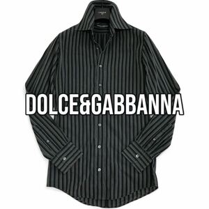 DOLCE＆GABBANA 長袖シャツ ストライプ柄 ドルチェ＆ガッバーナ ボタンロゴ刻印 ブラック×グリーン メンズ D&Ｇイタリア製 37