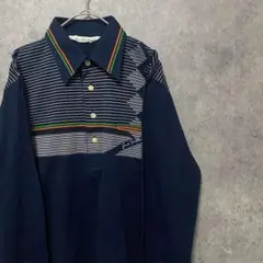 70S vintage 長袖　柄シャツ　綿　メンズM ネイビー　古着　個性派