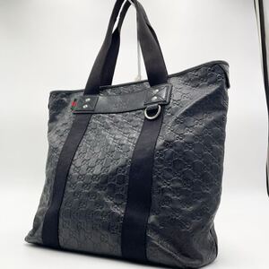 1円 GUCCI【美品 大容量】トートバッグ ハンドバッグ 黒 グッチ 268175 GG シマレザー 革 シェリーライン ビジネス 通勤