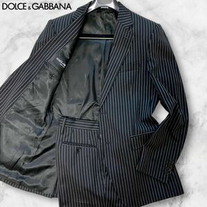 定価30万!!!ドルチェ&ガッバーナ DOLCE&GABBANA セットアップ スーツ ストライプ ジャケット 裏地ロゴ総柄 ビジネス ブラック 黒 48 L相当