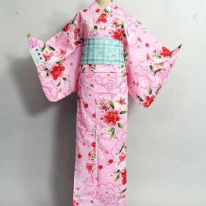 浴衣 単品 仕立て上がり 女性用 百花斉放 綿100％ ゆり なでしこ 撫子 花柄 花火や夏祭りに 新品（株）安田屋 NO14576