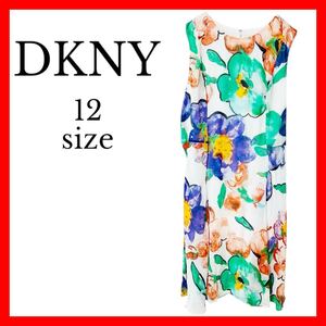 【DKNY】新品 サイズ12 ノースリーブワンピース 鮮やか カラフル フラワープリント 涼しげ 夏コーデ レディース エレガント カジュアル