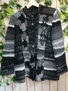 ★C０７２★Lily Blouse★リリーブラウス★ワッペン刺繍入り★デザインハーフコート黒灰★長袖★サイズM～L　日本製　毛・モヘア