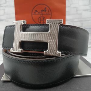 【美品/鑑定済み】HERMES エルメス ベルト コンスタンス Hバックル ギロッシュ レザー 本革 ブラック 黒 リバーシブル メンズ 90サイズ