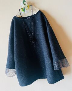 ★handmade：ラメ入り黒ツイードゆったりトップス：M~LL★