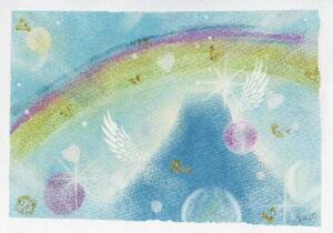 【transformation】手書き　真作１点物　原画　絵画　直筆サイン　癒し　故郷　送料無料 匿名配送 happycolors 天使の羽　虹