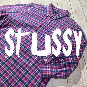 【Stussy】ステューシー 七分袖 フランネルボタンダウンシャツ ピンクチェック Mサイズ