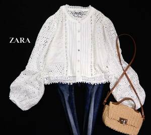 ザラ ZARA 大人可愛い☆ カットワーク刺繍 パンチングレース ピンタック ふっくら袖 デザイン シャツ ブラウス M
