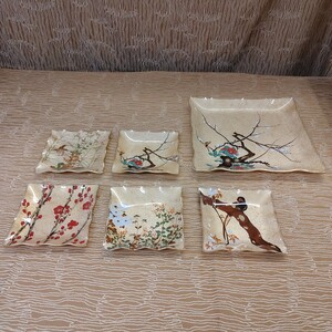 【光琳絵皿 大皿 小皿 5枚】中古品 角皿 金彩絵皿 尾形光琳 飾り皿 ガラス製 銘々皿 花鳥絵柄 和食器 【B7-2①】0822