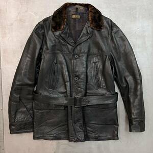 30S ビンテージ CAR COAT GENUINE HORSEHIDE カーコート レザージャケット ムートン 裏地ウール SizeM 馬革 ベルト vuz0173