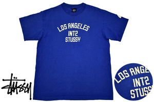 Y-6144★送料無料★美品★OLD STUSSY ステューシー LOS ANGELES INT2★紺タグ 90s アメリカ USA製 ヴィンテージ 青 半袖 T-シャツ Ｍ