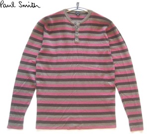 美品!!ポールスミス Paul Smith*ボーダー柄ヘンリーネックウールニットセーター M モカ×茶×ピンク コレクション Collection