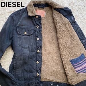 極美品●Lサイズ相当●ディーゼル DIESEL 極暖 ボアジャケット デニム ランチジャケット ジージャン 中綿 ブルゾン ロゴプレート 高級感 黒