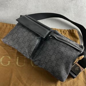 美品 GUCCI グッチ ボディバッグ ウエストポーチ GGキャンバス レザー ショルダー クロスボディ 斜め掛け ブラック グレー メンズ 