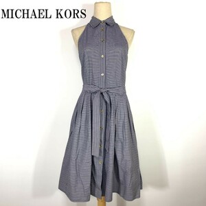 LA3013 マイケルコース ボーダーノースリーブシャツワンピースMICHAEL MICHAEL KORS カジュアル 紐リボン取り外し不可ブルー０