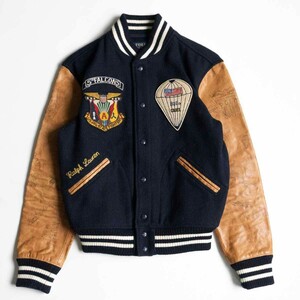 【美品】POLO RALPH LAUREN 【Paratroopers Baseball Jacket】S レザー スリーブ スタジャン ポロラルフローレン 2410834