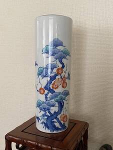 尹万里燒色鍋島松鳥梅花染付 花器 花瓶