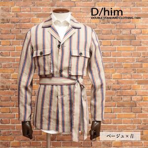 春夏/D/him/46サイズ/ワーク調シャツ ジャケット 涼しい リネン混ストライプ クラシック レトロ ヌケ感 ラフ 新品/ベージュ×青/ib114/