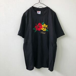 QY4 ヘインズ ハイビスカス 刺繍 半袖 Tシャツ 黒 古着 メンズ M