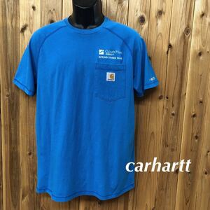 carhartt*RELAXED FIT*カーハート メンズM ブルー 半袖Tシャツ ポケットTシャツ クルーネック ロゴ刺繍 企業 ワーク アメカジ USED USA古着