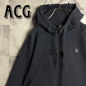 NIKE ACG レザー三角ロゴ & バックスウッシュ刺繍ロゴ ジップアップ フーディー スウェット パーカー ダークグレー L